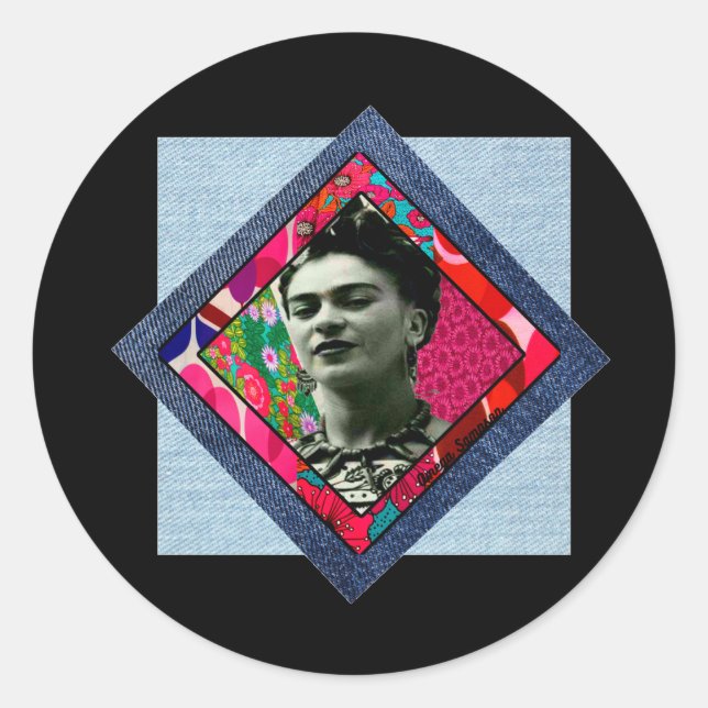 Pegatina Redonda Frida Kahlo Retro Pink Denim (Anverso)