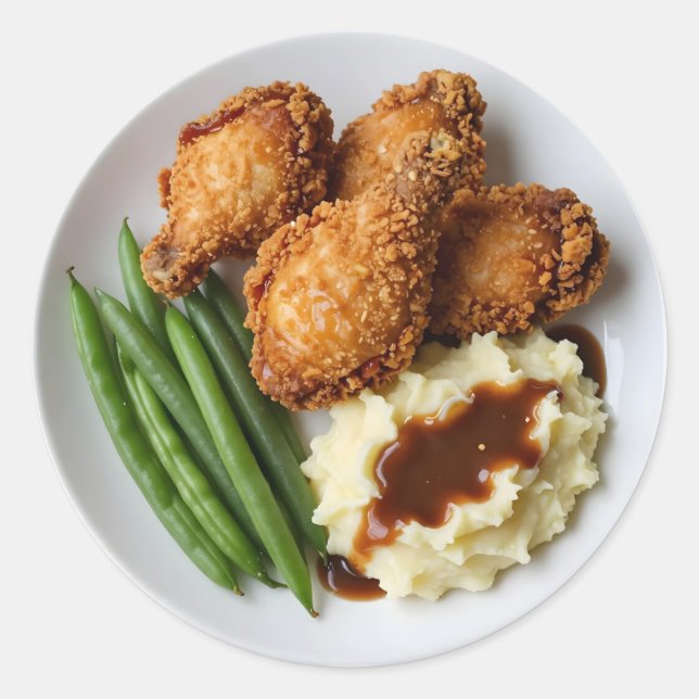 Pegatina Redonda Fried Chicken, Mashed Potatoes and Green Beans (Anverso)