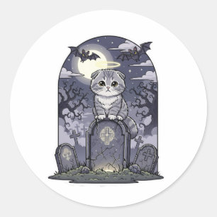 Pegatina Redonda Frío de cementerio - Halloween con felino crudo es