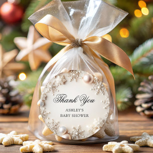 Pegatina Redonda Frío exterior Snowflake Baby Shower Gracias