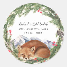 Pegatina Redonda Frío fuera de Woodland Fox Winter Baby Shower