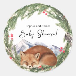 Pegatina Redonda Frío fuera de Woodland Fox Winter Baby Shower