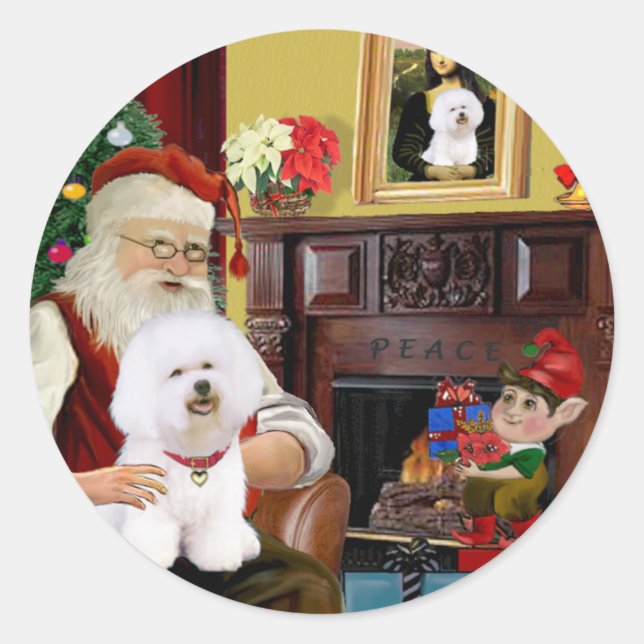 Pegatina Redonda Frisa Bichon de Santa (#1) (Anverso)