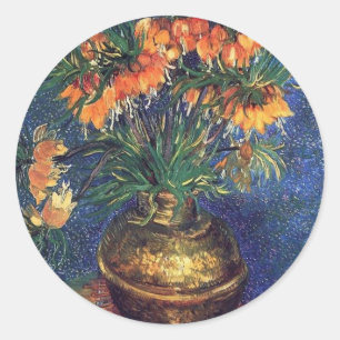 Pegatina Redonda Fritillarias en un jarrón de cobre por Van Gogh