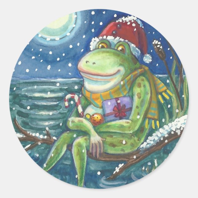 PEGATINA REDONDA FROG EN LOG CALIENTA EL CORAZÓN, DIVERSIÓN, NAVIDA (Anverso)