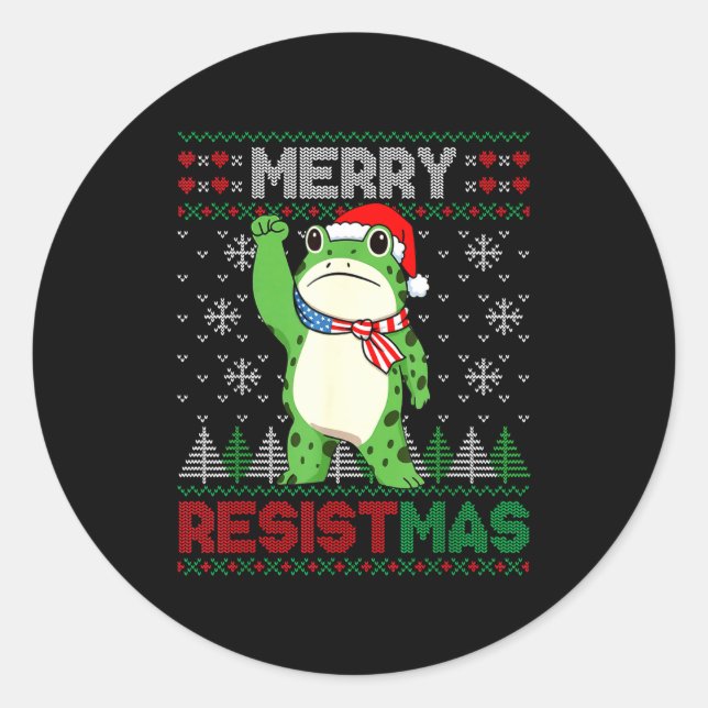 Pegatina Redonda Frog Retro Merry Resistmas Funny Litical Ugly Chri (Anverso)