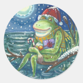 PEGATINA REDONDA FROG SANTA EN LOG, HOLLIDAY CHRISTMAS STICKERS RIN