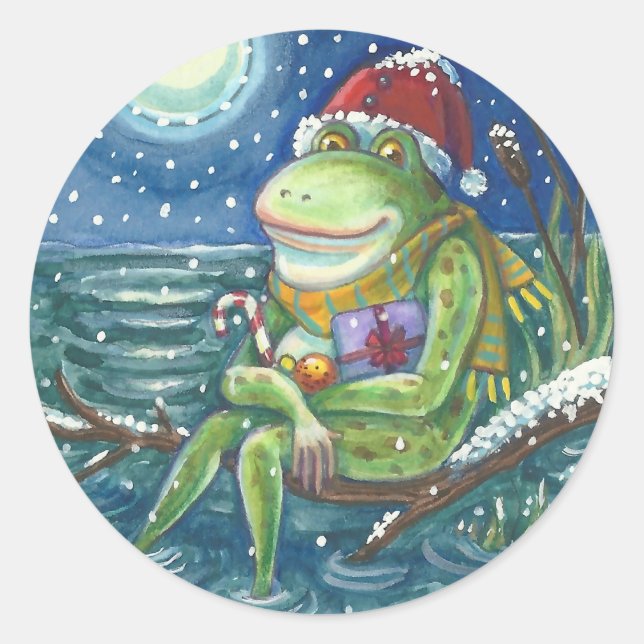 PEGATINA REDONDA FROG SANTA EN LOG, HOLLIDAY CHRISTMAS STICKERS RIN (Anverso)