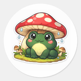 Pegatina Redonda Frog Under An Oversized Mushroom