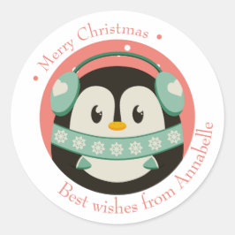 Pegatina Redonda Frohe Weihnachten Geschenkaufkleber mit Pinguin