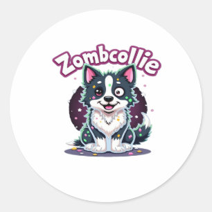 Pegatina Redonda Frontera Collie BC Perro zombie Halloween esencial