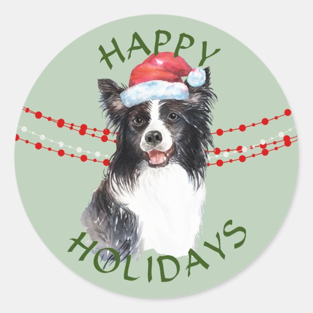 Pegatina Redonda Frontera Collie Dog Santa Hat Felices Fiestas (Anverso)
