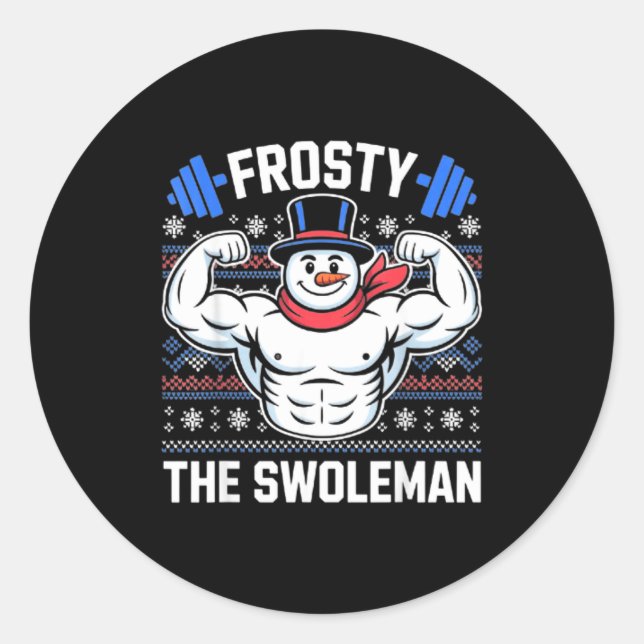 Pegatina Redonda Frosty The Swoleman Funny Ugly Christmas Sweater G (Anverso)