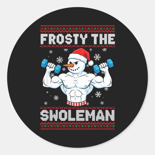 Pegatina Redonda Frosty The Swoleman Ugly Christmas Sweater Funny S (Anverso)