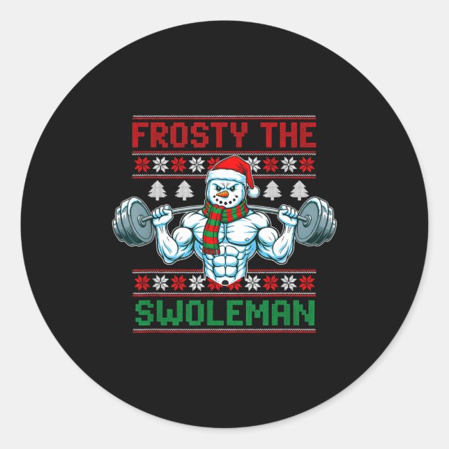 Pegatina Redonda Frosty The Swoleman Ugly Christmas Sweater Funny S (Anverso)