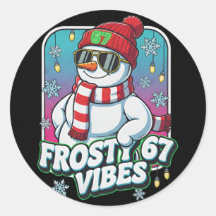 Pegatina Redonda Frosty Vibes 67 Muñeco de Nieve Navidad