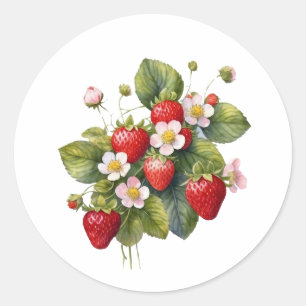 Pegatina Redonda Fruta de fresa acuarela con flores