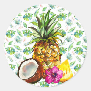 Pegatina Redonda Fruto de coco de piña tropical, luau, hawaii