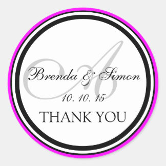 Pegatina Redonda Fuchsia Black Monograma A Boda Gracias
