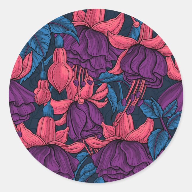 Pegatina Redonda Fuchsia en azul y púrpura (Anverso)