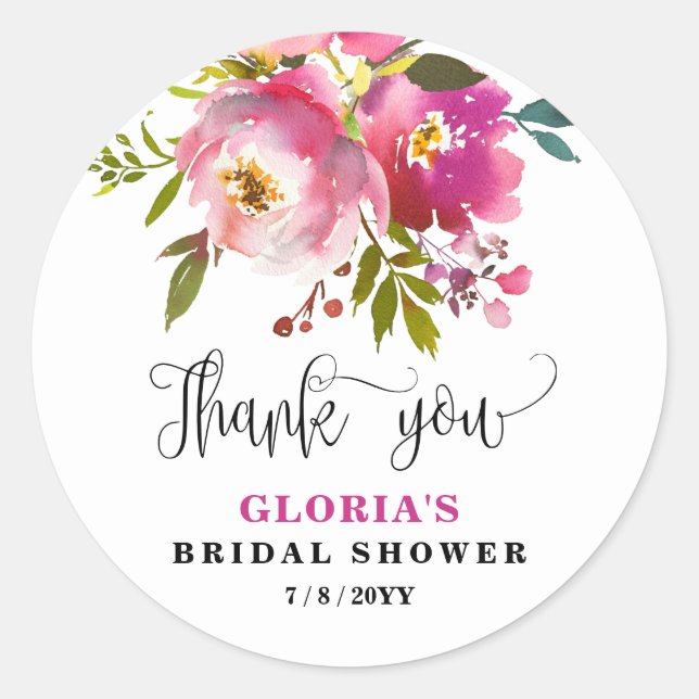 Pegatina Redonda Fuchsia Floral  Bridal Shower  (Anverso)