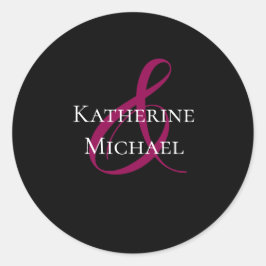 Pegatina Redonda Fuchsia negra moderna y Boda blanco-