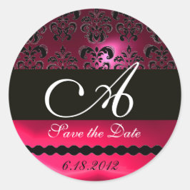 PEGATINA REDONDA FUCHSIA RUBY DAMASK MONOGRAM, DE COLOR NEGRO Y ROJ
