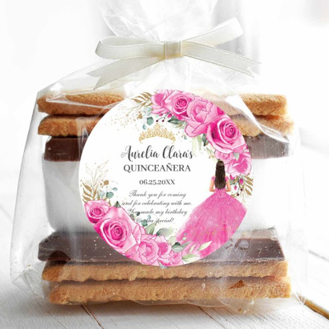 Pegatina Redonda Fucsia Flores Rosadas Princesa Dorada Quinceañera  (Subido por el creador)