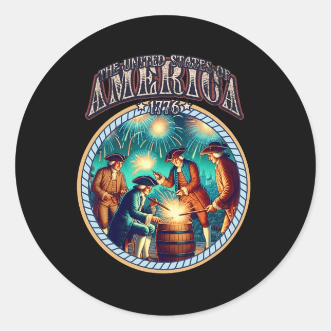 Pegatina Redonda Fuegos artificiales 4 De Julio Independencia Patri (Anverso)