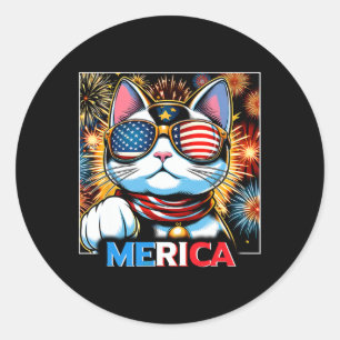 Pegatina Redonda Fuegos artificiales Patriótico Maneki Neko Cat Mer
