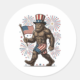 Pegatina Redonda Fuegos Artificiales Patrióticos Sasquatch Grabado