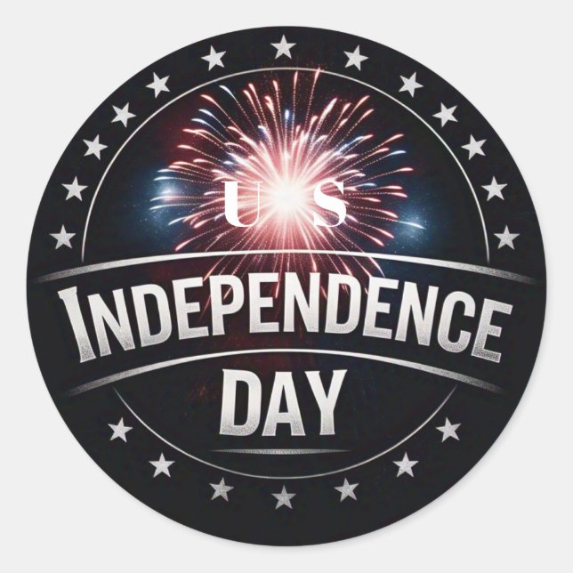 Pegatina Redonda Fuegos artificiales y estrellas del "Día de la Ind (Anverso)