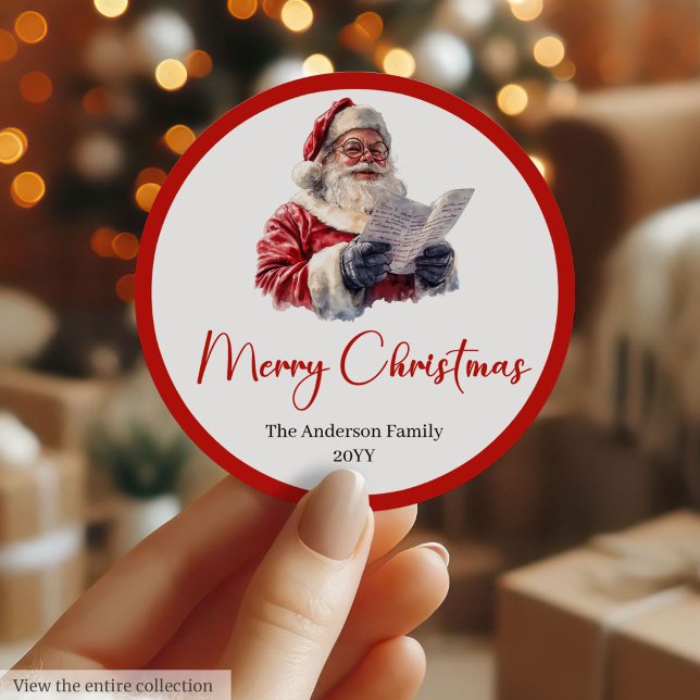 Pegatina Redonda Fuente de letra script de Papá Noel de moda Pegati (Trendy Santa Claus Script Font Holiday Sticker)