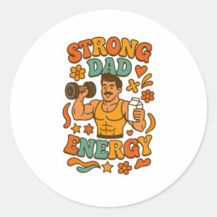 Pegatina Redonda Fuerte energía de papá – Groovy papá musculoso gim