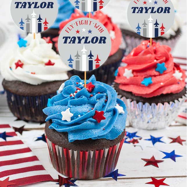 Pegatina Redonda Fuerza Aérea Militar se va retirando de la pastele (Air Force Airman Name fighter jet Sticker for DIY cupcake picks, patriotic military going away party)