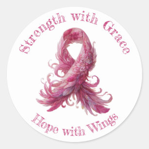 Pegatina Redonda Fuerza con Gracia – Cáncer de Seno Pluma Rosa
