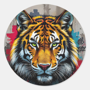 Pegatina Redonda Fuerza Silenciosa – Arte de Grafiti de Tigre Clási