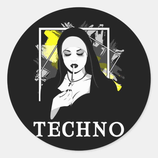 Pegatina Redonda Fumar Techno Nun Religión Música electrónica de ba (Anverso)