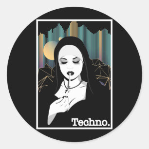 Pegatina Redonda Fumar Techno Nun Religión Retro Música Bass