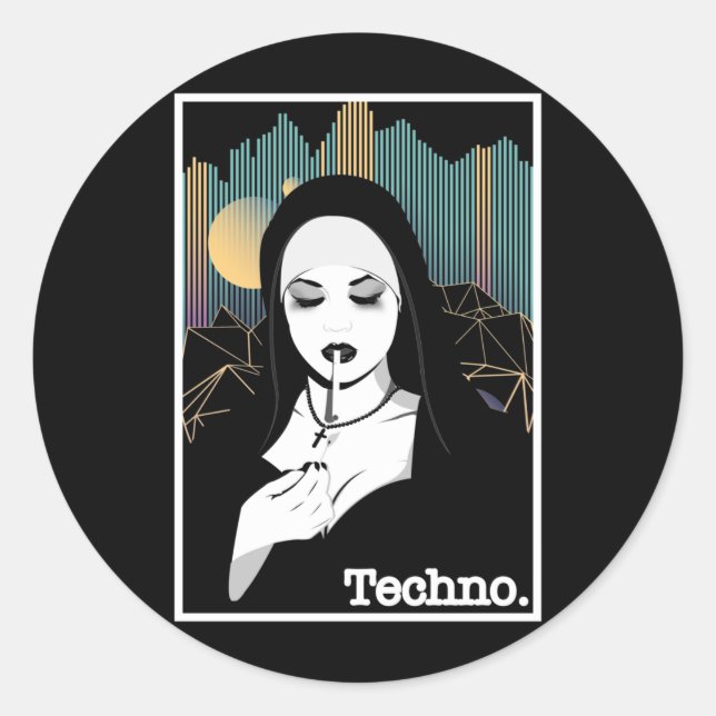 Pegatina Redonda Fumar Techno Nun Religión Retro Música Bass (Anverso)