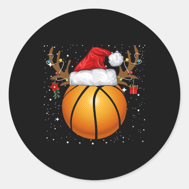 Pegatina Redonda Fun Basketball Reindeer Santa Hat Navidades Holida (Anverso)