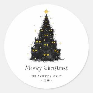 Pegatina Redonda Fun Black Cat Meowy Christmas Tree