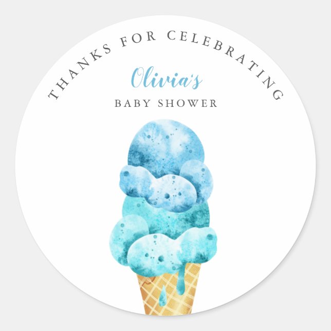 Pegatina Redonda Fun Blue Ice Cream Baby Shower Favor (Anverso)