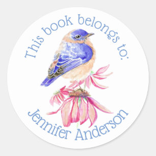Pegatina Redonda Fun Bookplate Watercolor Bluebird Bird Art