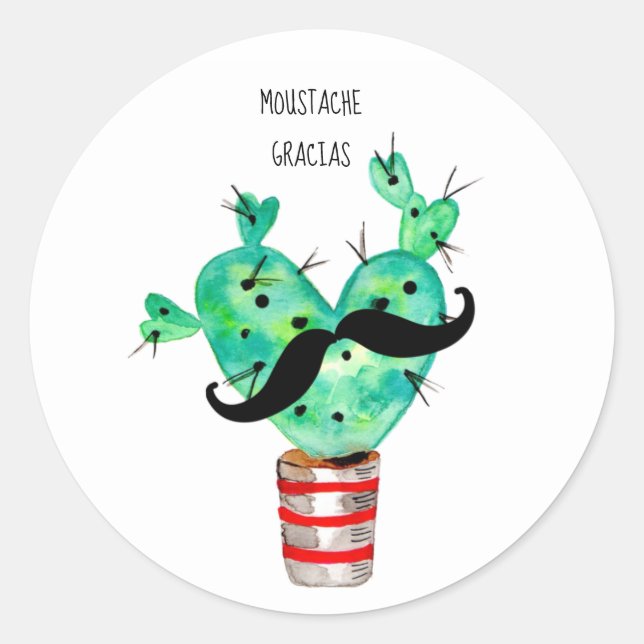 Pegatina Redonda Fun Cactus Gracias Mustache (Anverso)