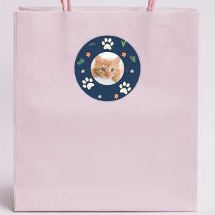 Pegatina Redonda Fun Cat Photo Navy Blue Tropical Hawaiian