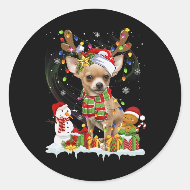 Pegatina Redonda Fun Chihuahua Navidades Ugly Dog Santa Hat Luces (Anverso)