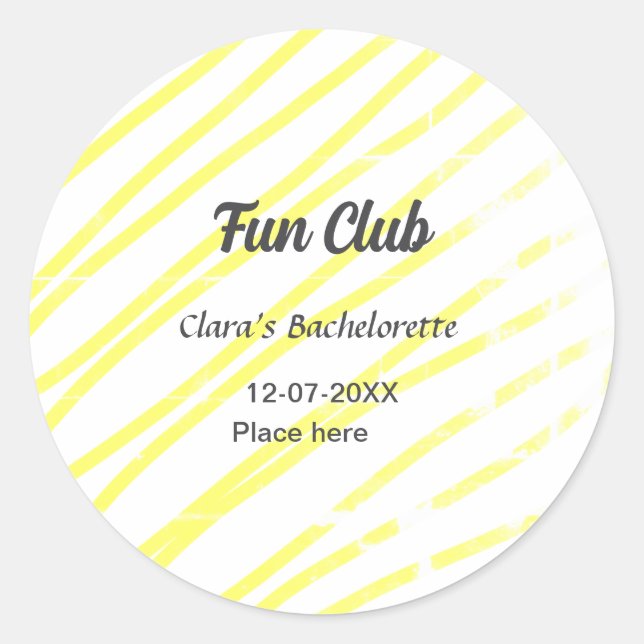 Pegatina Redonda Fun Club bachelorette party yellow lines backgroun (Anverso)