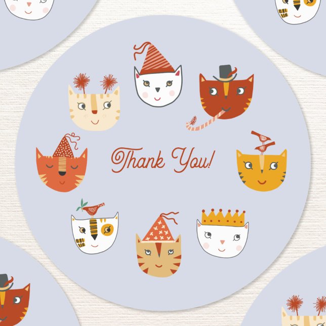 Pegatina Redonda Fun Fiesta Cat Gracias (Cute party cat thank you sticker)