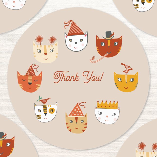 Pegatina Redonda Fun Fiesta Cat Gracias (Fun party cat thank you sticker)